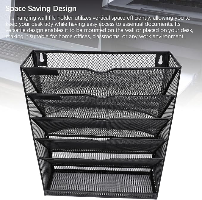 Walfront Hanging Wall File Holder 6 Tier Metal Hanging Wall Mount File Organizer for Home and Office Vertical Folder Rack with 5 Pockets Bottom Slot Grooves Tray Label Slot Easy Setup