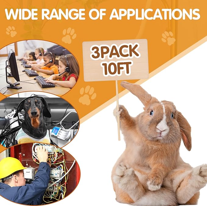 Poen 3 Pack 30ft Cord Protectors from Pets No Chew, 1/2 Inch Ultra Durable Cord Covers for Pets, Durable Electrical Cable Management Sleeve for Rabbits, Dogs, Cats and Other Animals(Black)