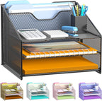 Samstar Desk File Organizer, Mesh Letter File Folder Holder with 3 Paper Trays and 2 Vertical Upright Section, for Office Supplies,Desk Accessories & Workspace,Black.