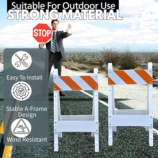 BESEA Folding Traffic Barricade, 45" A-Frame Safety Barrier with 8"x24" Top Panel and 8"x24" Bottom Panel, Heavy-Duty Plastic Construction for Road Work, Parking Lots, Events, and Crowd Control