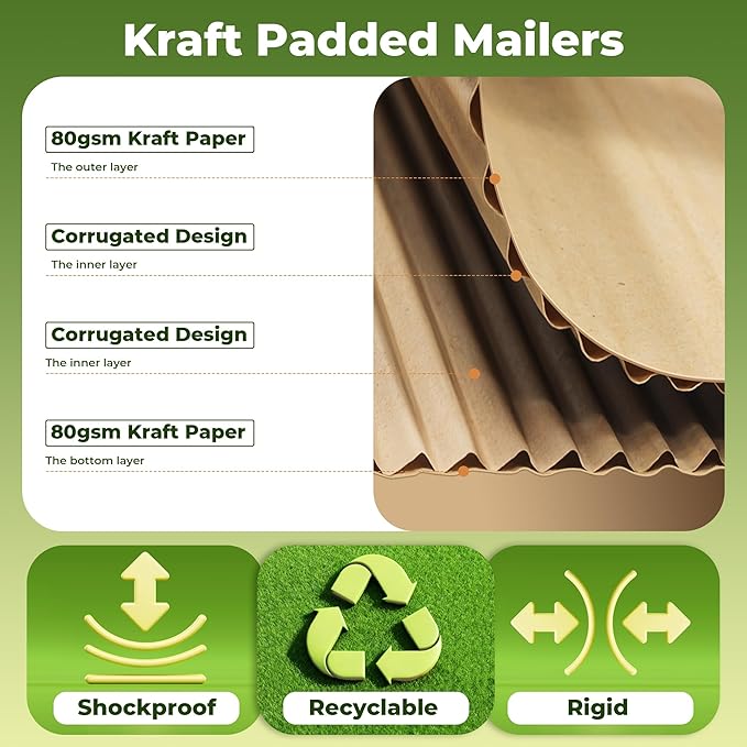 Tera Rigid Mailers Kraft Envelopes: 50 Pack 6x9 Inches Recyclable Mailing Shipping Envelope 80gsm Thickened Kraft Self Seal Corrugated Inside for Document CD Photos File Postcard Small Business