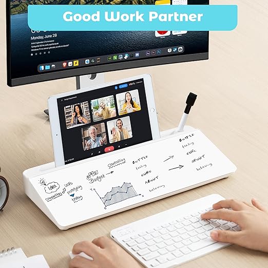 Glass Desktop Whiteboard with Storage, Desk Dry Erase Board Small White Board for Desk, Computer Keyboard Stand Includes 4 Markers, 1 Eraser for Office, Home, School Supplies