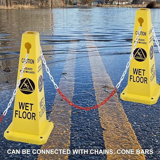OrangeStar 4-Pack Wet Floor Caution Cones, Yellow Four Sided Bilingual Warning Message Safety Traffic Cones with Heavy Rubber Base for Indoor/Outdoor Use