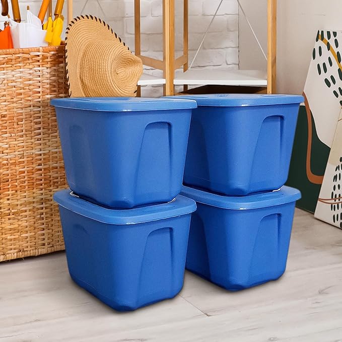 HOMZ 4-Pack Durable Molded Bin, Plastic Storage Containers w/Lids, 10 Gallon, Blue - Stackable Organizer Totes and Boxes for Bedroom, Kitchen, and Garage Organization