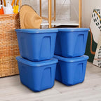 HOMZ 4-Pack Durable Molded Bin, Plastic Storage Containers w/Lids, 10 Gallon, Blue - Stackable Organizer Totes and Boxes for Bedroom, Kitchen, and Garage Organization
