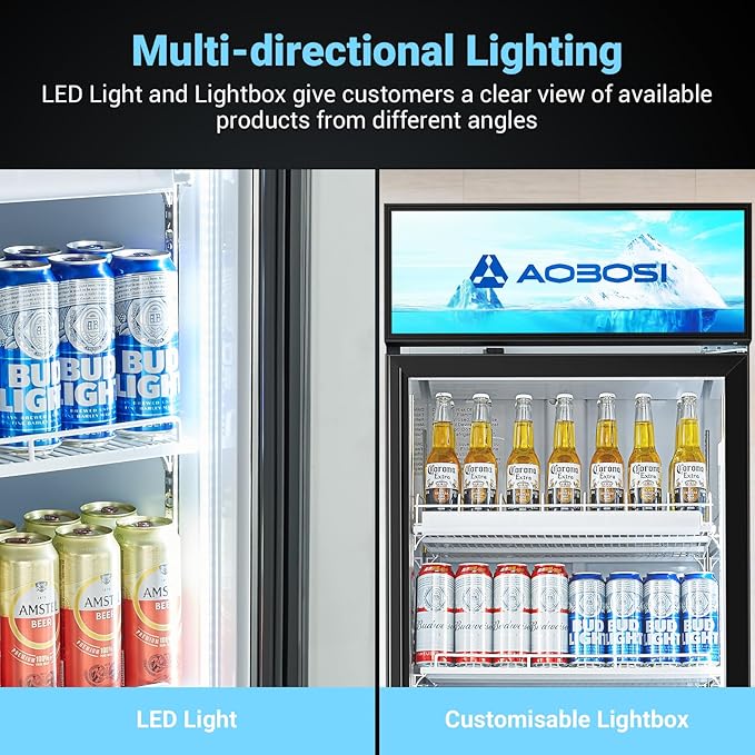 AAOBOSI Commercial Merchandiser Refrigerator,17.09Cu.Ft Glass Door Display Refrigerator,Upright Beverage Cooler Fridge with Soft LED Light, Customizable Lightbox,Universal Casters,Adjustable Shelves