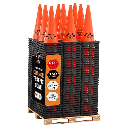 Xpose Safety 28 Inch Orange Traffic Cones - Bulk Half Pallet 150 Pack - Multipurpose PVC Plastic Safety Cone for Parking, Soccer, Caution, Kids, and Construction - DOT Approved