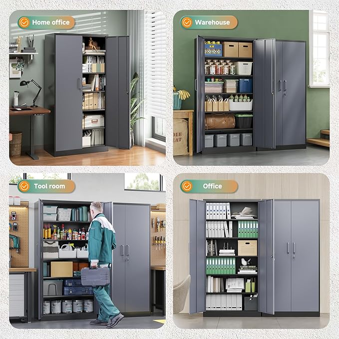 Letaya Metal Storage Cabinet with Lock Door and 5 Shelves,6 Tier Steel Garage Tool Cabinet for Home Office Utility Room 72" H X 36" W X18 D (Black Gray)