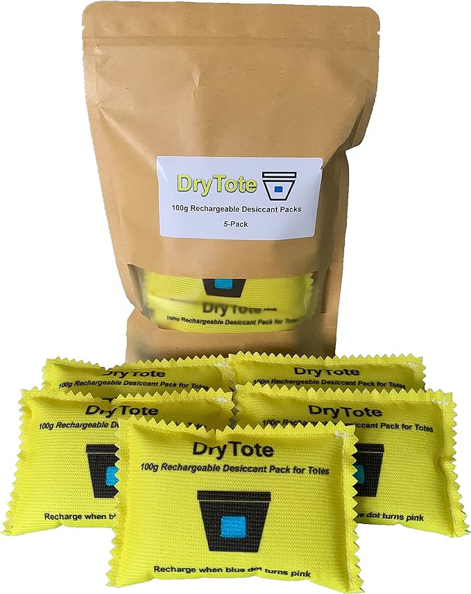 DryTote Rechargeable Desiccant Pack (Pack of 10), Ultimate Moisture Absorption, Color Change Indicator, Safe Storage Protection, Large Capacity 200 Gallons, 100g, Yellow