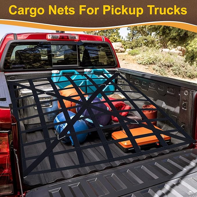 Cargo Net for Pickup Truck Bed, Heavy Duty 1100 lbs Capacity, Adjustable Cam Buckles & S-Hooks, Thick Herringbone Nylon, with Drawstring Storage Bag for Trailers and Trucks (66" x 50")