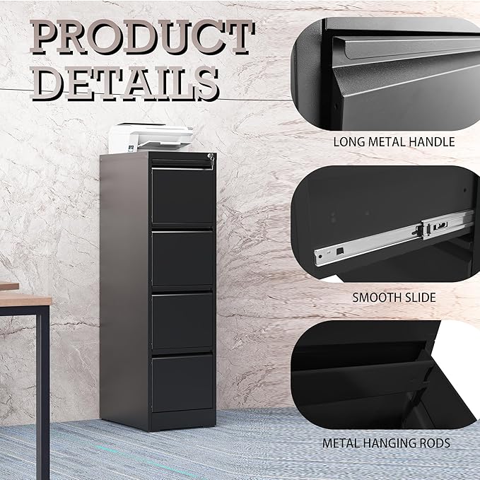 3 Drawer Vertical File Cabinet with Lock, Metal Filing Cabinets for Home Office, Heavy Duty File Storage Cabinet for Legal/Letter/A4 Documents, Easy to Assemble, Black