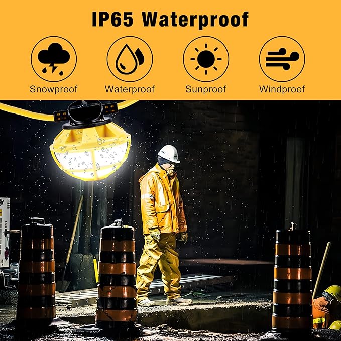 50FT Construction String Lights with Protective Cage, IP65 Waterproof LED String Work Lights, 5000K Daylight 18AWG Wire Linkable Temporary Construction Lighting for Jobsite with 5 Bulbs & Hooks