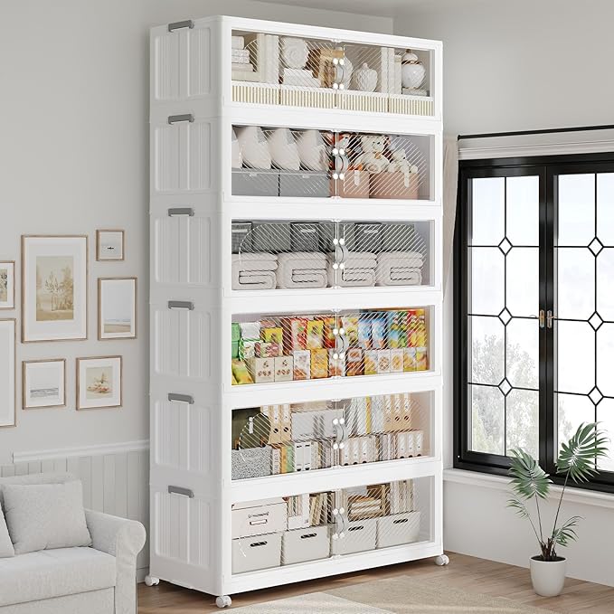 720QT Extra Large Stackable Storage Bins with Lid & Wheels & Doors, 180Gal Foldable Collapsible Closet Organizers, Plastic Cabinet Box Container Drawer for Home Kitchen Bedroom, 6Pack White