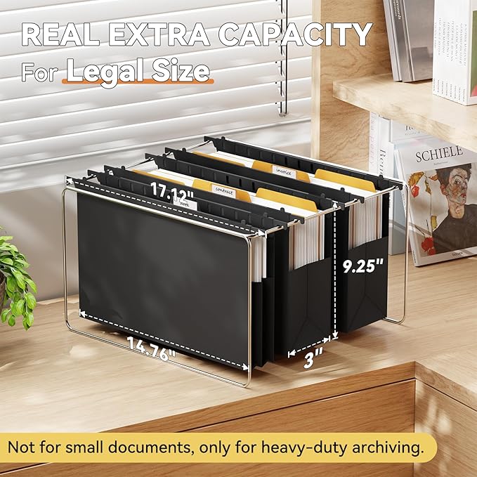 Plastic Legal Hanging File Folders Extra Capacity,3" Expanding Pocket Legal Size,Expandable Large Black Hanging Folders with Tabs,Heavy Duty Filing Cabinet Folder for Bulky Files,6 Pack