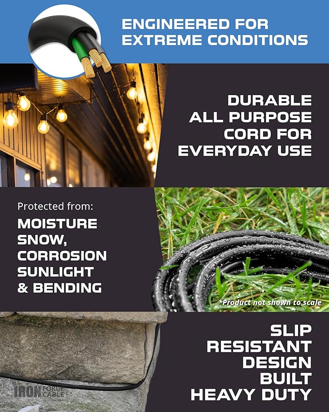 Iron Forge Cable 25 Ft Black Extension Cord with 3 Outlets - 16/3 SJTW 25 Foot Extension Cord 3 Prong, Weatherproof Exterior Power Cable for Outdoor