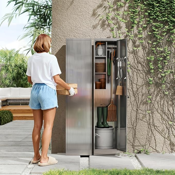Yizosh Outdoor Storage Cabinet,Steel Broom Cloest with Locking Doors and Shelves,- 71" Broom Storage Cabinet with Hang Rods for Yard,Garden,Garage,Pation