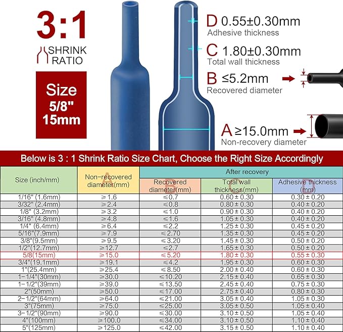 Chanzon 3:1 Ratio 5/8" (15mm) Heat Shrink Tubing - Marine Grade Waterproof Adhesive Lined - 4Ft Roll (1.22M Total Length) Blue Polyolefin Sleeving Wrap Shrinking 3 to 1 Ratio 1pcs