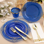 700PCS Clear Blue Plastic Plates for 100 Guests, Disposable Plates with Gold Trim include 100 Dinner plates, 100 Dessert Plates, 100 Gold Silverware, Cups and Napkins for Party, Graduation