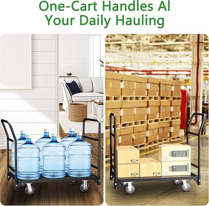 Platform Truck Cart, 37.2"x31"x45.6" Heavy Duty Push Cart Dolly, 2100lbs Capacity Flatbed Carts with Front Handle and Rear Guardrail, Industrial Carts for Warehouse and Garage, Black