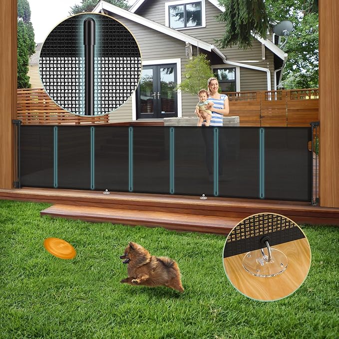140'' Retractable Baby Gates Extra Wide,34" Tall Retractable Dog Gate for Doorways, Security Upgrade Reinforcement Rods Extra Long Retractable Baby Gate for Stairs, Indoor/Outdoor Retractable Gate