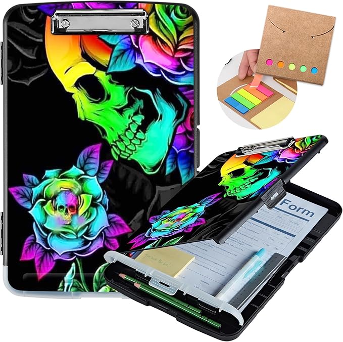 Clipboard with Storage,Heavy Duty Plastic Storage Clipboard with Low Profile Clip,Teacher Must Haves,Office Supplies,Colorful Skull Rose Flower