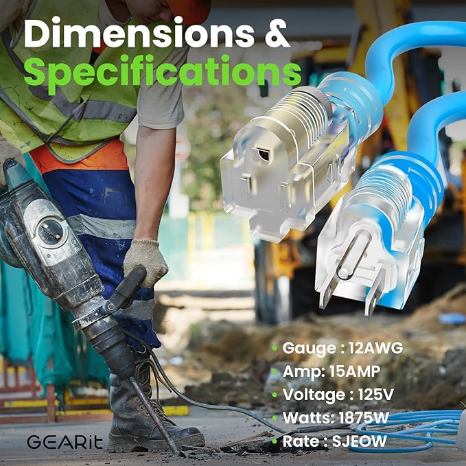 GEARit Outdoor 12 AWG Gauge 3 Prong Plug, Extension Cord, Ultra Heavy Duty SJEOW, 12/3, for Indoor/Outdoor, LED Lighted Plug, Resistant Rubber Jacket, Extreme Weather, 100 Feet, Blue