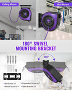 Extension Cord Reel, 75 FT Retractable Extension Cord Reel, 14AWG/3C SJTOW, Lighted Triple, 10A Circuit Breaker, Wall/Ceiling Mounted, Heavy Duty Power Cord, UL Listed, Purple P75CR06