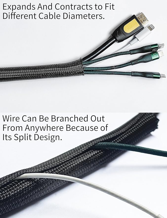 Cable Management Split Wire Loom Sleeve - Cord Hider & Protector for Desk, Pet Chew Proof, Wire Cover Organizer, Flexible Tube for Wires and Cables (1/2 Inch 12FT, Black)
