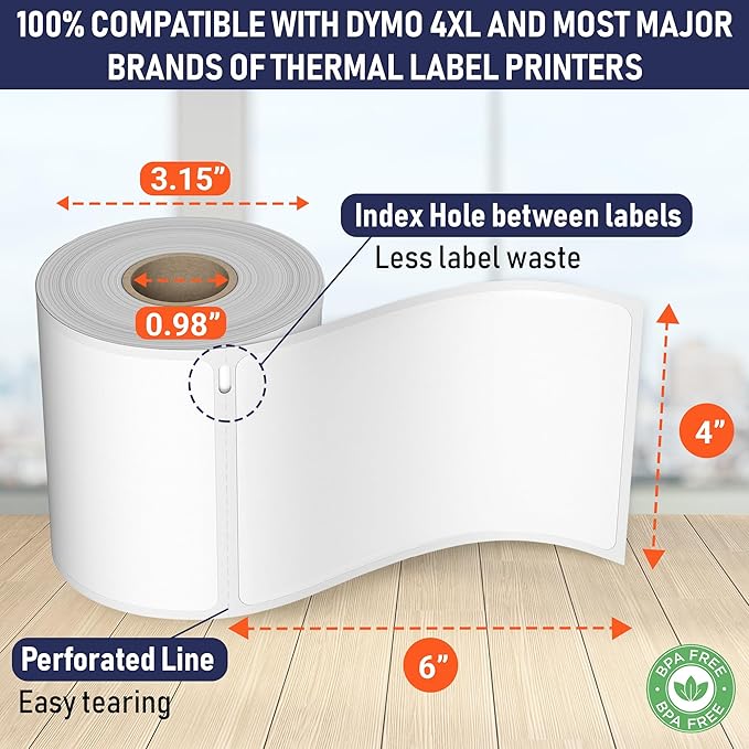 Dasher Products Thermal Shipping Labels Compatible with Dymo LabelWriter 4XL 1744907 4x6 Internet Postage Labels, Water Resistant, Strong Adhesive, Perforated, 220 per Roll (4 Pack)
