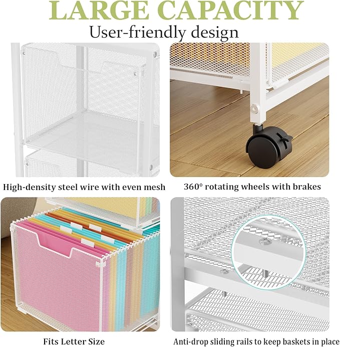 Rolling File Cart with 2 Storage Drawers,Under Desk Storage Cart,Hanging File Folder Organizer with Wheels, Filing Cabinet Mobile Printer Stand Utility Craft Cart for Home Office,White