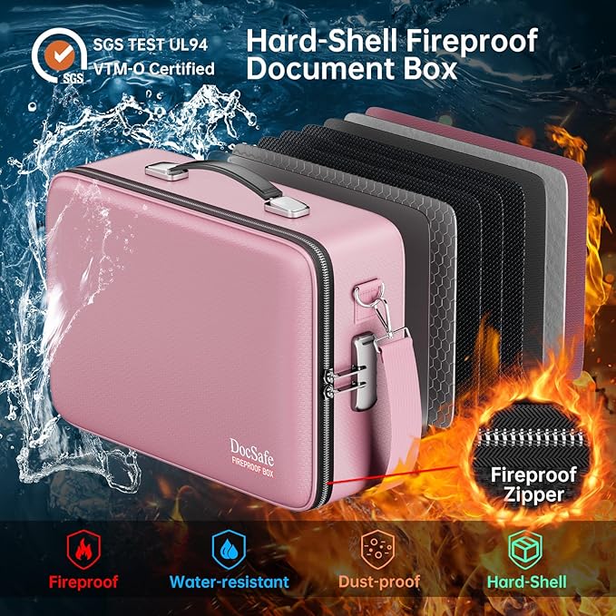 DocSafe Fireproof Document Box with Lock＆Shoulder Strap,Hard Case File Organizer with Accordion File Folder,Multi-Layer Portable Home Office Travel Safe Storage for Important Documents Laptop Pink