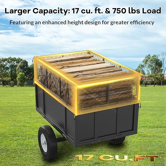 GAOMON Heavy Duty Utility Trailer for ATV/UTV, 750lbs Capacity Garden Dump Cart with 17 Cu. Ft. Bed, Removable Sides, Pneumatic Tires, Hitch Compatible Pull-Behind Yard Cart for Lawn Mower, Tractor