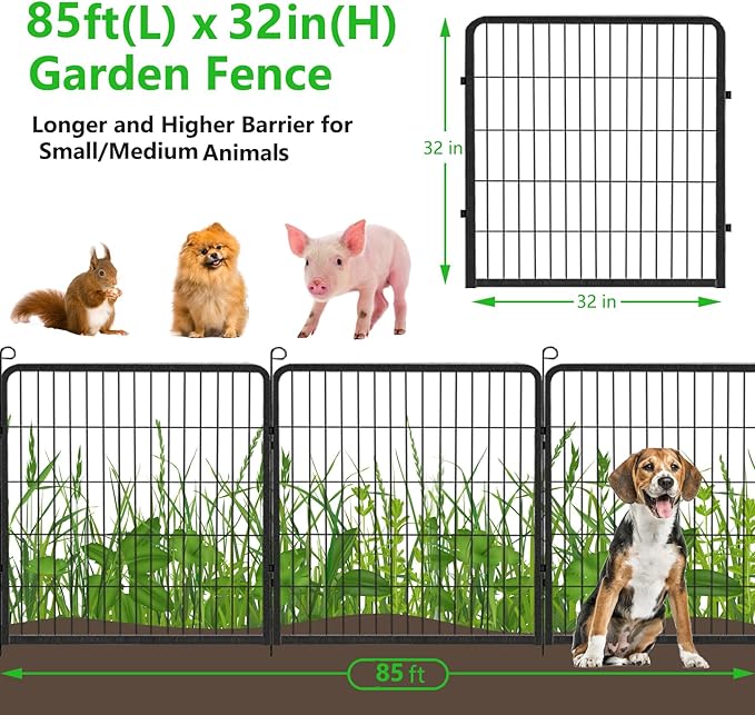 Decorative Metal Garden Fence with Gate Dog Fence Outdoor for Yard, 32in(H) x 85Ft(L) No Dig Fence 32 Panels Fencing for Dogs Animal Barrier Garden Fencing for Yard, Patio, Flower Bed
