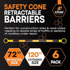 Retractable Barrier for Safety Traffic Cones - 2" OD - Large Yellow and Black Bar Barricade - for Road Construction, Parking, Warning, Temporary Security Divider (6, Yellow & Black, 72" x 120")