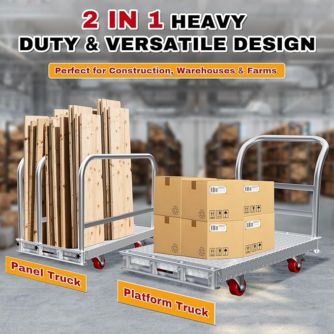 2IN1 Steel Panel Cart Dolly – Heavy Duty Drywall Lumber Truck Cart with 3000 LBS Capacity, 44 x 28 Inch 2.2MM Steel Plate, 6" Swivel Brake Wheels, 1 Front & 3 Side Handrails (XL)