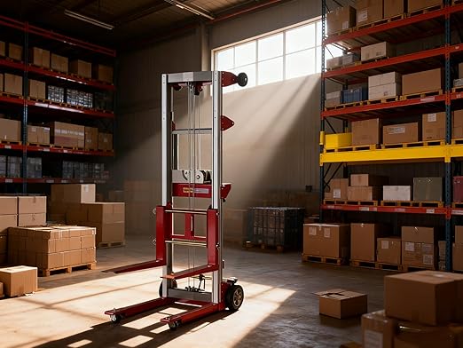 122" 400lbs Material Lift Winch Stacker with Upgrade Effortless Winch, Hand Winch Lift Truck with Fixed-Leg, Manual Material Lifter Pallet Stacker for Contractor, Workshop, Industrial, Red