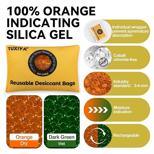 100g-12Pack Rechargeable Silica Gel Desiccant Packets, Color Indicating Desiccant Packs for Storage,Moisture Absorbers for Storage Bins, Suitcase,Gun Safe, 3D Filaments