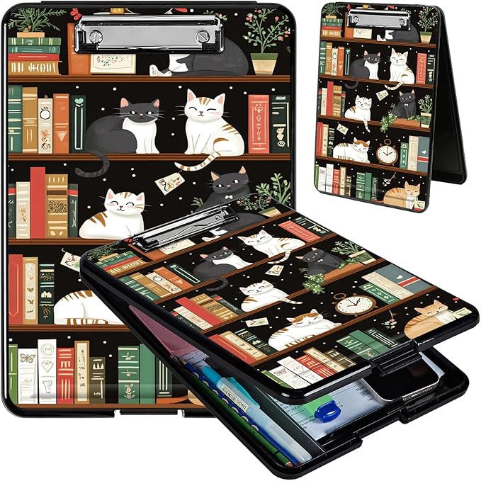 Clipboard with Storage, Hard Letter A4 Size Clip Board with Pen Holder & Paper Organizer, Heavy Duty Portable Writing Pad for Nurses Students Teachers Office Jobsite Contractor, Bookshelf Cat