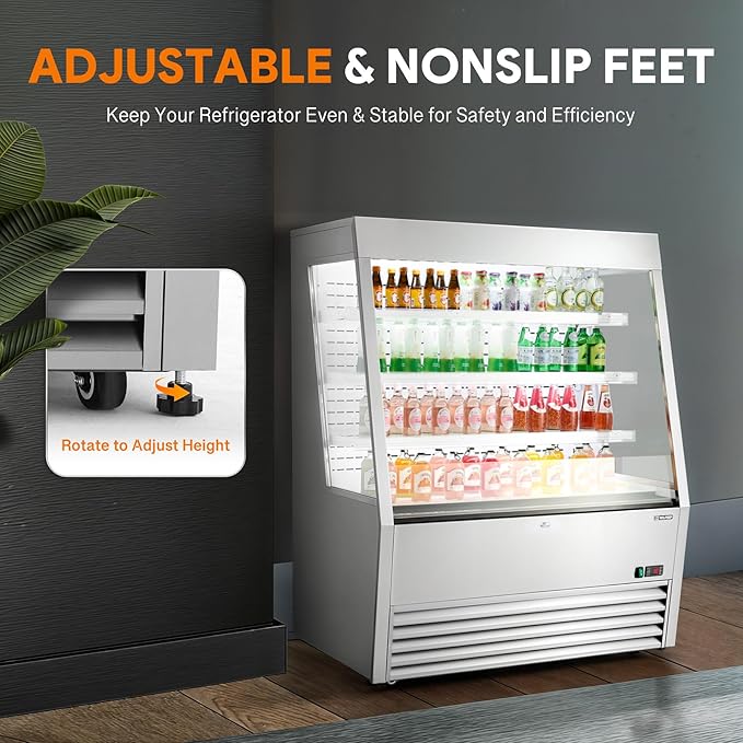 Wilprep Commercial Display Refrigerator, 47" Open Air Merchandiser with 16 cu. ft. Volume LED Lighting Night Curtain, Grab and Go Display Refrigerator Showcase for Store Cafe Bar Shop