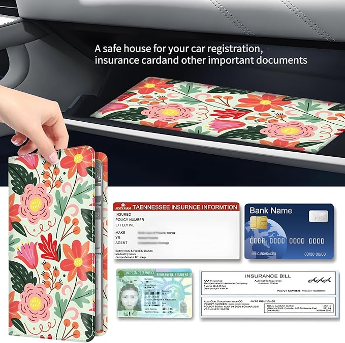 Premium Car Registration and Insurance Card Holder, Cute PU Leather Car Document Holder, Vehicle Glove Box Car Organizer with Magnetic Closure for Driver License, Cards Bright Exotic Floral