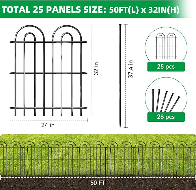 25 Panels Decorative Garden Fence, 32 in(H) X 50 ft(L) No Dig Dog Fence Outdoor for Yard, Rustproof Tall Metal Garden Fencing Animal Barrier with Ground Stakes, Temporary Fencing for Patio Outdoor