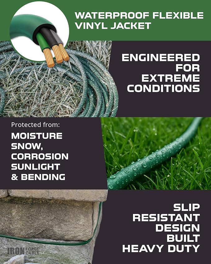 Iron Forge Cable 100ft Green Outdoor Extension Cord with 3 Outlets - 16/3 SJTW 100ft Extension Cord 3 Prong, 10 Amp All-Weather Heavy Duty Power Cable