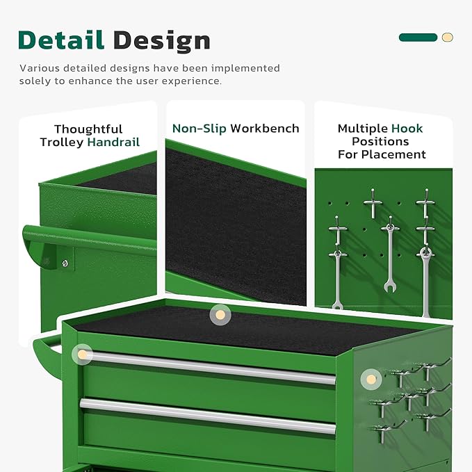 Greenvelly 8-Drawer Rolling Tool Chest, Metal Tool Chest with Wheels, Tool Cabinet with Detachable Top Tool Box, Metal Tool Cart with Liner & Hooks for Garage, Workshop, Warehouse (Green)