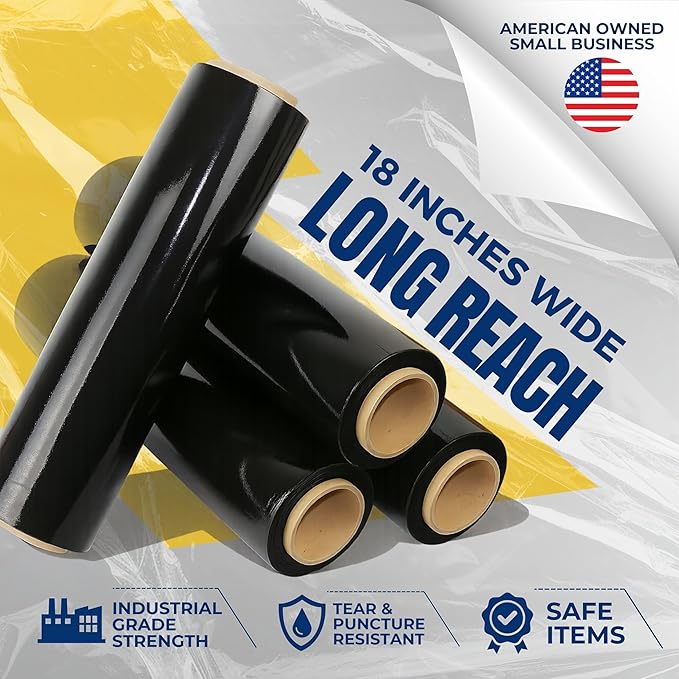 Rockin Rolls Black Stretch Wrap 18"x1500 ft, 80 Gauge – 4 Rolls Heavy Duty Pallet Wrap Stretch Film Roll for Packing, Moving & Shipping – Industrial Strength Durable Self Adhering Shrink Wrap Roll