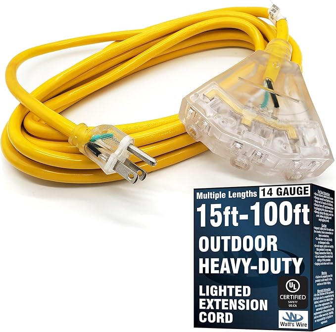 15 ft Outdoor Extension Cord Waterproof - 14 Gauge Heavy Duty Extension Cord 15 ft - Lighted Outdoor Extension Cords with Multiple Outlets - Watts Wire - 15' Grounded - extensiones electricas