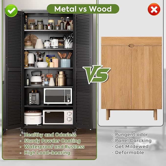 Garage Storage Cabinet with Wheels & Pegboard, Lockable Metal Storage Cabinet with Doors and 5 Adjustable Shelves for Garage Workshop Home, Assembly Required, Black, 70.87"H x 31.5"W x 15.75"D