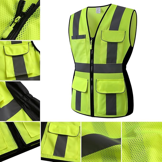 Safety Vest for women, Hi vis Reflective Lady Work vest With 9 Multi Pocket And Zipper