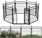 24 in(H) Decorative Garden Fence Outdoor for Yard with Gates,Heavy Duty Iron 8 Panels Total 14.7ft(L) Anti Dig Fence with Gravity Automatic Lock for Indoor/Outdoor Decorative Dog Fence,Black