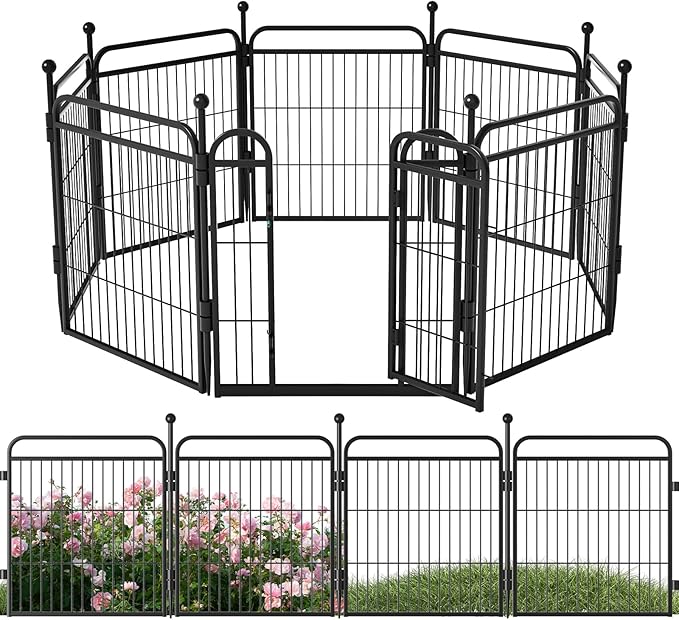 24 in(H) Decorative Garden Fence Outdoor for Yard with Gates,Heavy Duty Iron 8 Panels Total 14.7ft(L) Anti Dig Fence with Gravity Automatic Lock for Indoor/Outdoor Decorative Dog Fence,Black