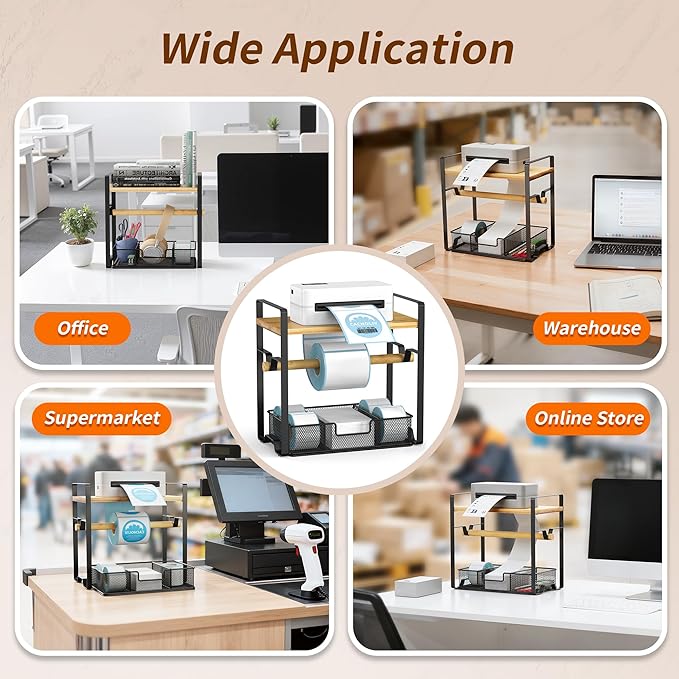 Label Holder for Rolls and Fan-Fold - Bamboo Shipping Label Holder for Desktop Thermal Printer with Space-Saving Accessories - Suitable for Home, Office, Warehouse, Small Business
